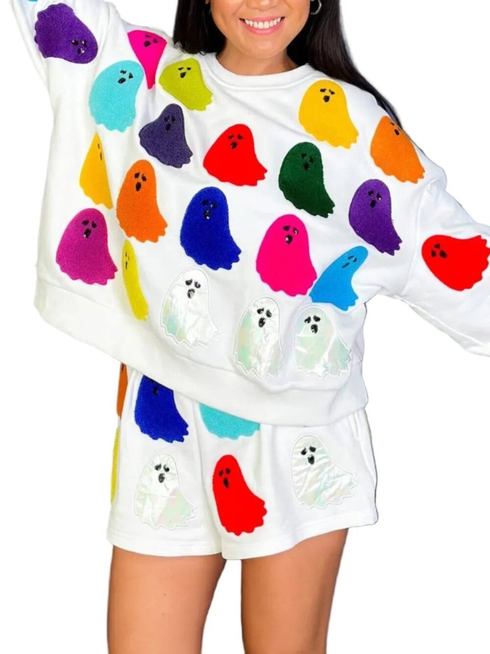 Colorful Ghost Round Neck Long Sleeve Top Shorts Halloween Sweatshirt Lounge Set - Picture 4 of 4